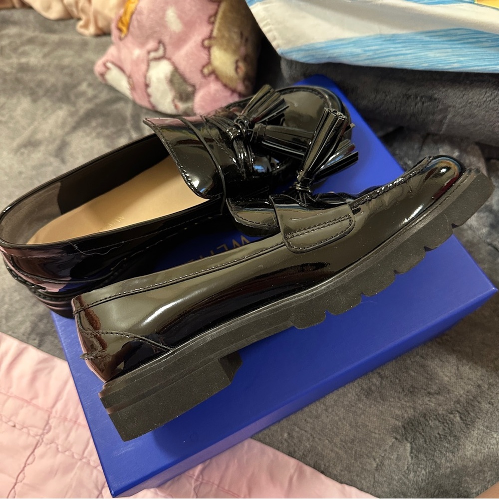 Stuart Weitzman Black Patent Adrina Loafers with Tassels
